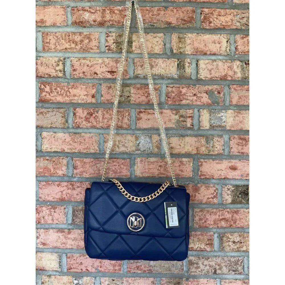NWT Badgley Mischka Womens Navy Gold Chain Strap Leather Quilted Crossbody Bag